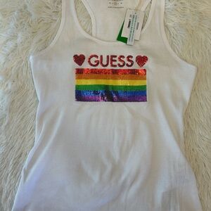 Guess White Tank Top with Rainbow and Red Accents